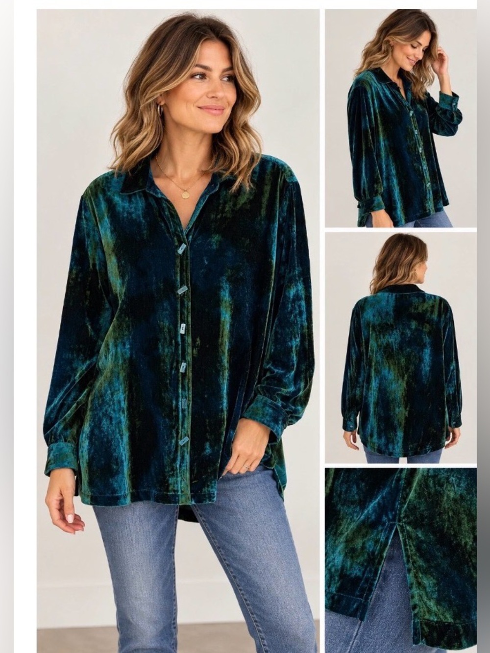 John Mark  Crush Velvet Tie Dye  Collared Tunic  Dark Peacock  M  EUC Stretchy